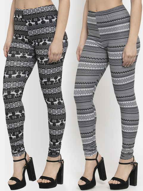 

KLOTTHE Women Pack Of 2 White & Black Printed Churidar-Length Leggings