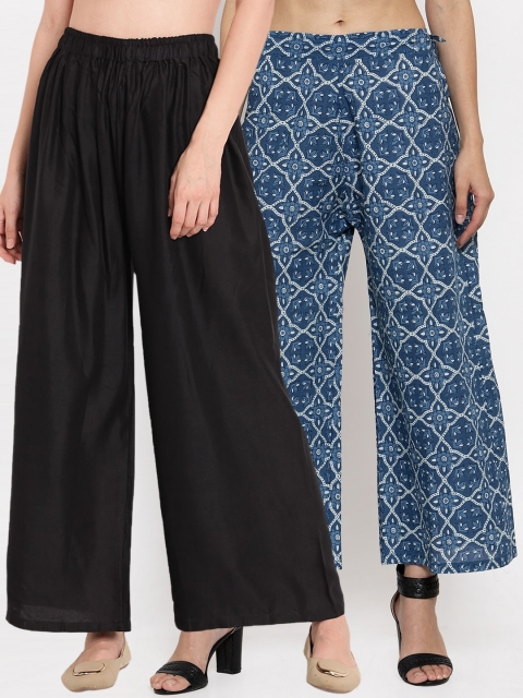 

TAG 7 Women Pack Of 2 Black & Blue Printed Flared Palazzos