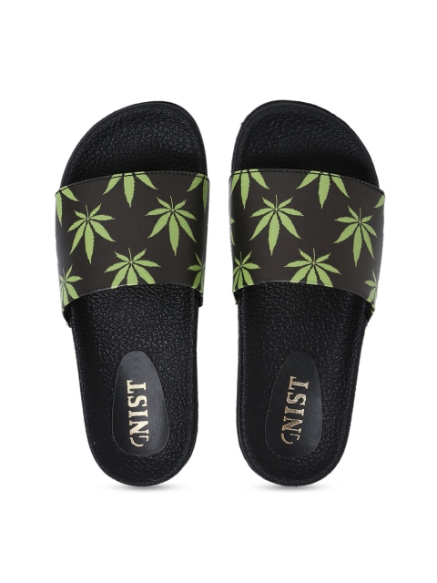 

GNIST Women Black & Green Printed Sliders