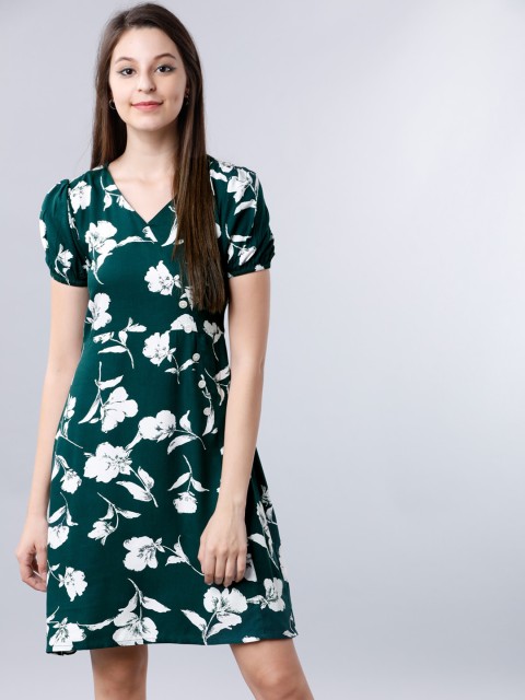 

Tokyo Talkies Women Green & White Floral Printed A-Line Dress