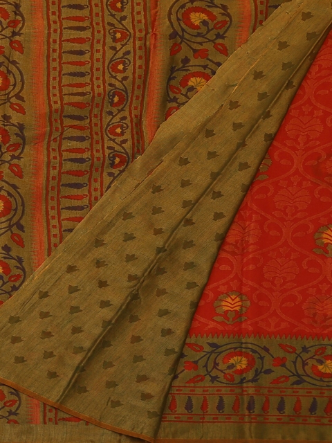 

Pothys Orange & Olive Green Poly Georgette Floral Printed Saree
