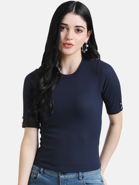 

Kazo Women Navy Blue Solid Round Neck T-shirt