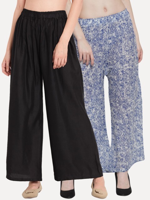 

TAG 7 Women Black & Blue Printed Flared Palazzos