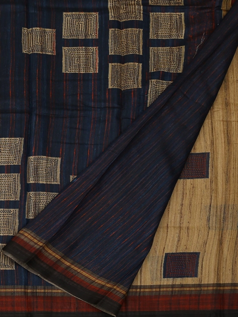 

Pothys Cream-Coloured & Navy Blue Jute Silk Woven Design Saree