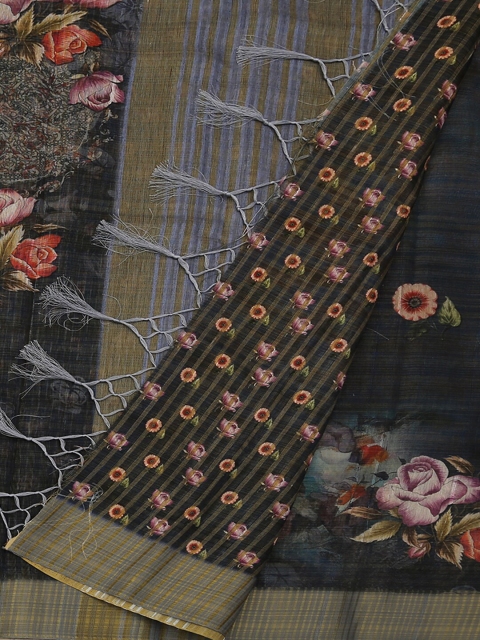 

Pothys Grey & Gold-Toned Jute Silk Printed Saree