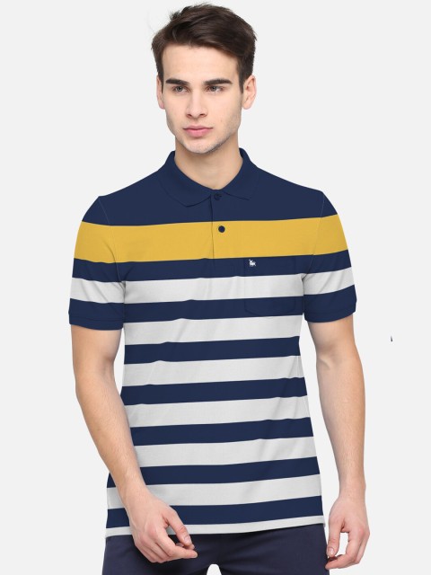 

BULLMER Men Navy Blue Striped Polo Collar Pure Cotton T-shirt