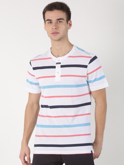

Soul Space Men White Striped Henley Neck T-shirt