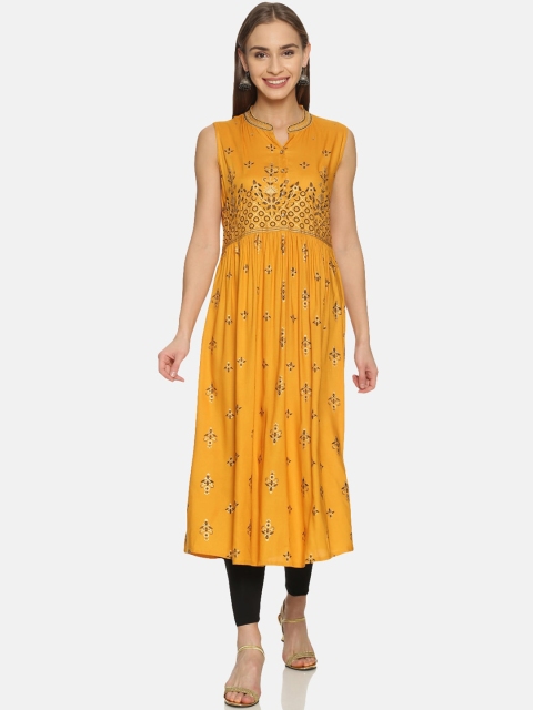 

Saffron Threads Women Mustard Yellow & Gold Floral Printed Anarkali Kurta