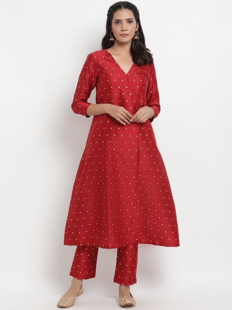 

trueBrowns Women Red & Gold-Toned Woven Design Kurta with Trousers