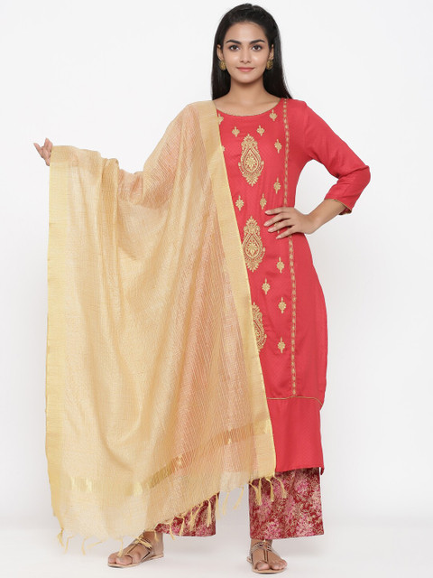 

RANGMAYEE Women Gold-Coloured & Pink Embroidered Kurta with Palazzos & Dupatta
