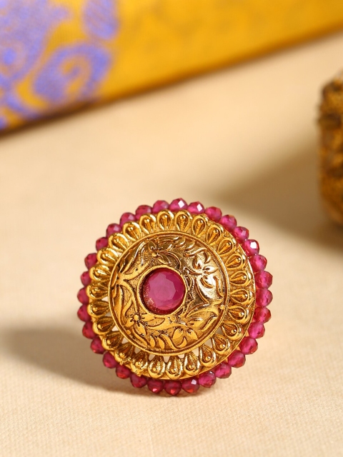 

Shoshaa Gold-Plated Pink Stone-Studded Beaded Handcrafted Adjustable Finger Ring