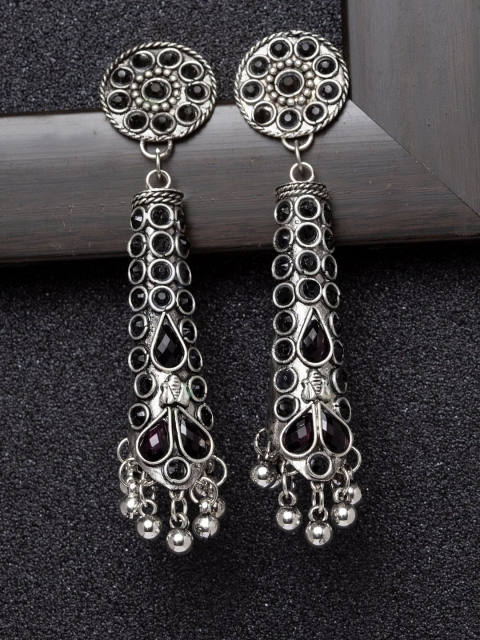 

Ibtida Black Silver-Toned Oxidised Teardrop Shaped Drop Earrings