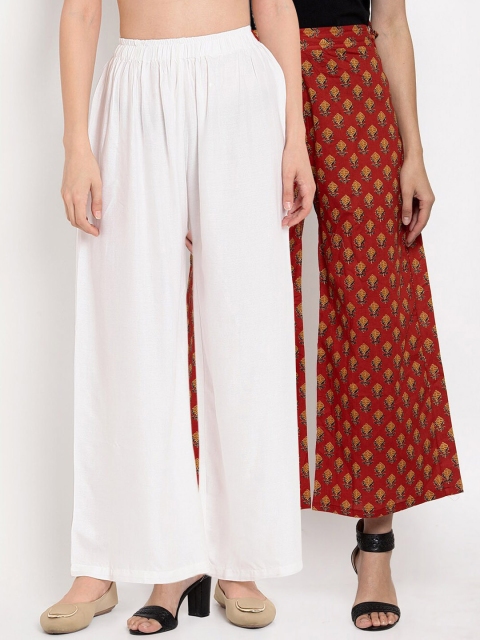 

TAG 7 Women Pack Of 2White & Red Printed Flared Palazzos, White