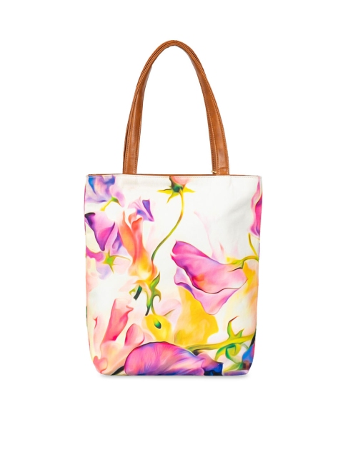 

THE GUSTO White & Pink Floral Printed Tote Bag