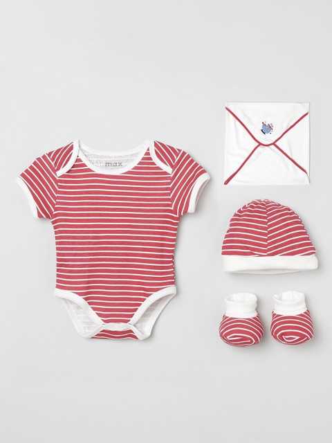 

max White & Red Printed Bodysuit with Beanie, Booties and Wrapper