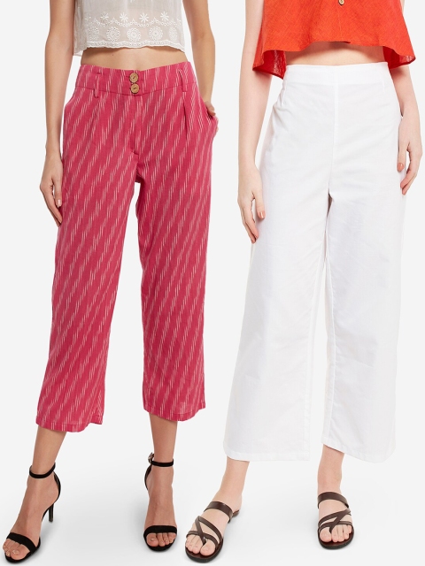 

Desi Weavess Women Pack Of 2 White & Pink Oxford Solid Straight Palazzos
