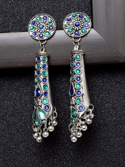 

Ibtida Silver-Toned & Blue Rhodium-Plated Oxidised Teardrop Shaped Drop Earrings