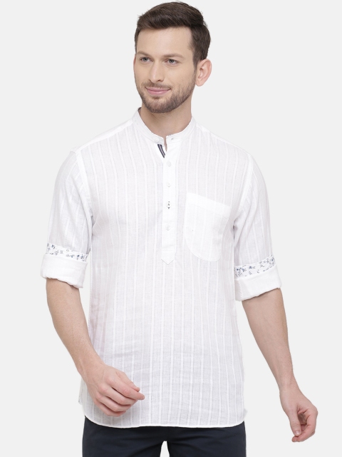 

CAVALLO by Linen Club Men Cotton Linen White Regular Fit Striped Casual Shirt