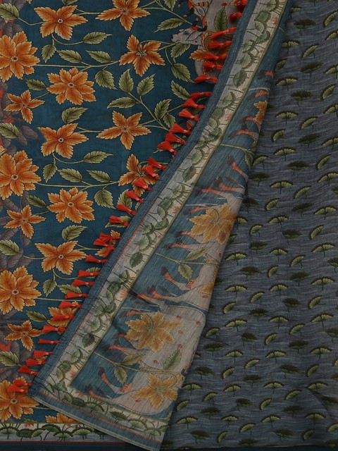 

Pothys Orange & Blue Jute Silk Printed Saree