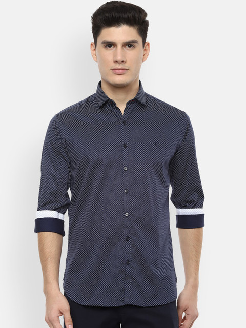 

V Dot Men Navy Blue & White Slim Fit Checked Casual Shirt