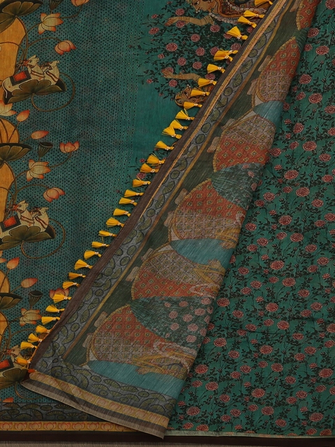

Pothys Green & Mustard Yellow Jute Silk Printed Saree