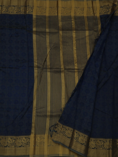 

Pothys Navy Blue Checked Jute Silk Saree