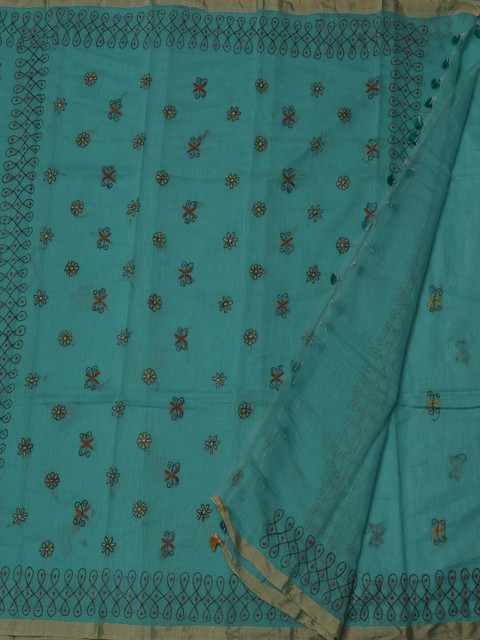

Pothys Sea Green Embroidered Linen Blend Saree