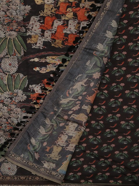 

Pothys Coffee Brown & Green Jute Silk Printed Saree