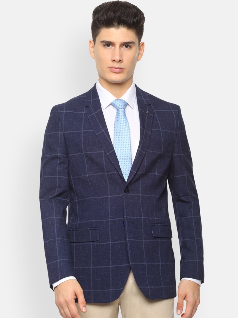

Van Heusen Men Navy Blue Checked Slim-Fit Single-Breasted Formal Blazer