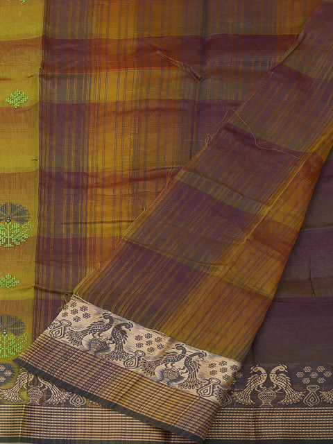 

Pothys Olive Green & Yellow Cotton Blend Striped Saree