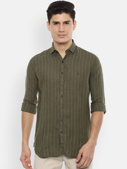 

V Dot Men Olive Green & White Regular Fit Striped Casual Shirt