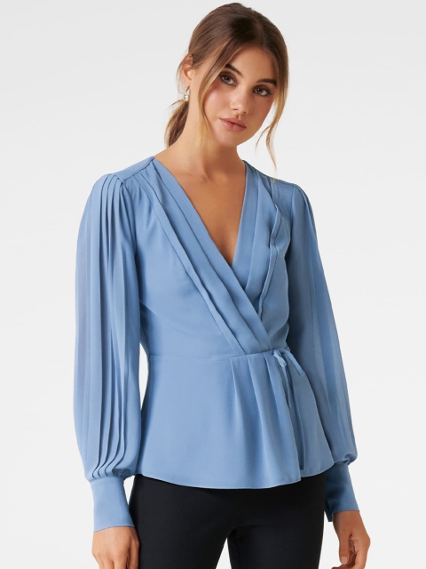 

Forever New Women Blue Solid Wrap Top