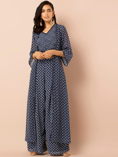 

INDYA Women Navy Blue Chevron Bandhani Printed Open Front Shrug