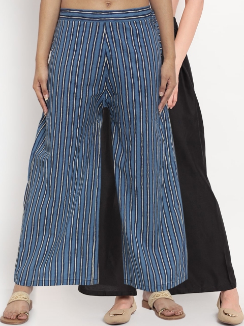 

TAG 7 Women Pack Of 2 Black & Blue Striped Flared Palazzos