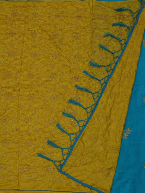 

Pothys Yellow & Turquoise Blue Art Silk Solid Saree