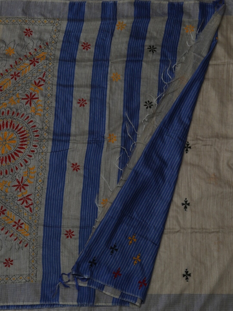 

Pothys Taupe & Blue Linen Blend Kantha Work Saree