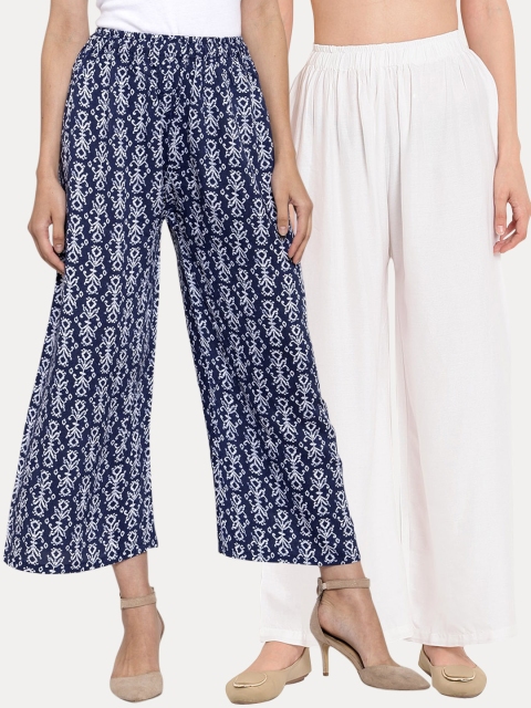 

TAG 7 Women Pack Of 2 White & Navy Blue Printed Flared Palazzos