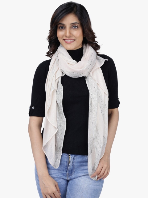 

Scarves & Glitters Women Cream-Coloured & Grey Striped Stole