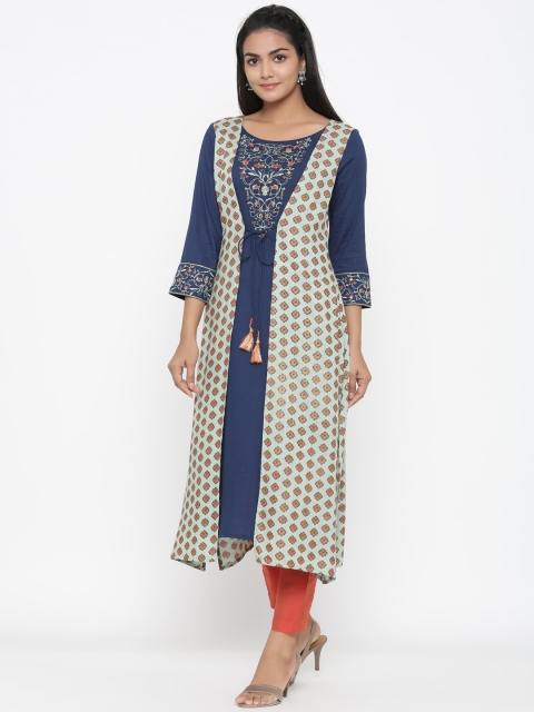 

RANGMAYEE Women Navy Blue & Coral Embroidered Kurta with Trousers