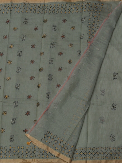 

Pothys Grey Embroidered Linen Blend Saree