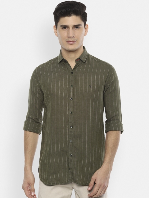 

V Dot Men Olive Green Regular Fit Striped Casual Linen Shirt