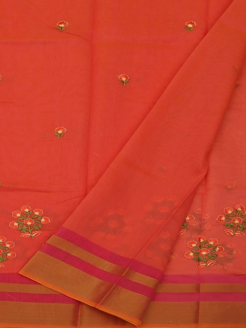 

Pothys Orange & Pink Cotton Blend Embroidered Saree