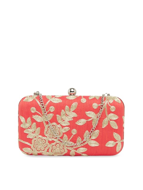 

Tokyo Talkies Red & Gold Embroidered Box Clutch