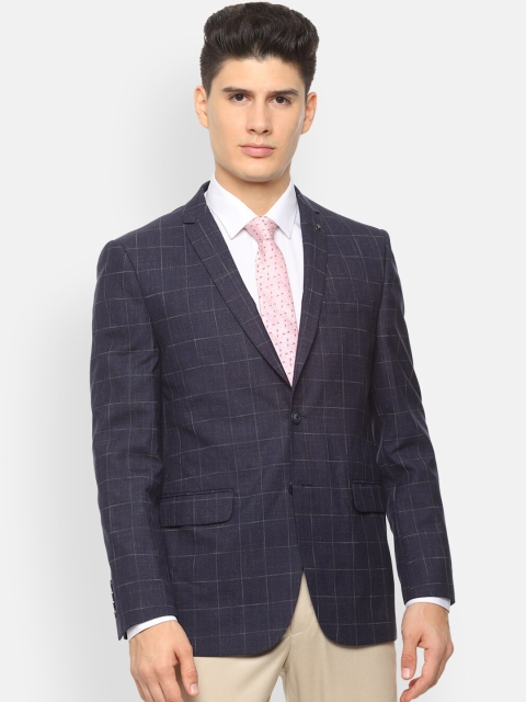 

Van Heusen Men Navy Blue Checked Slim-Fit Single-Breasted Formal Blazer