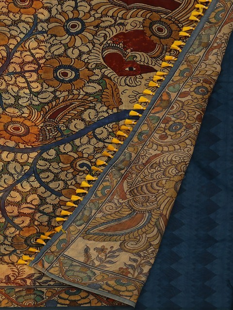 

Pothys Mustard Yellow & Blue Jute Silk Printed Saree