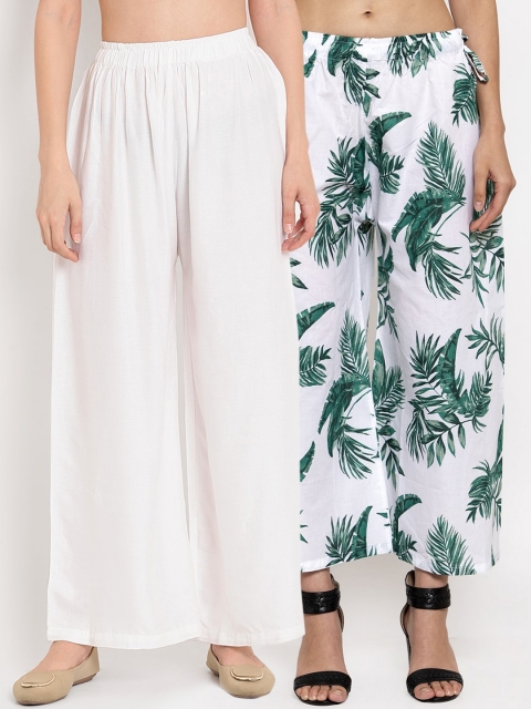 

TAG 7 Women Pack Of 2 White & Green Printed Flared Palazzos