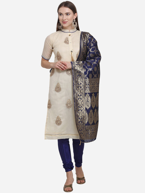 

SHAVYA Beige & Navy Blue Pure Cotton Semi-Stitched Dress Material