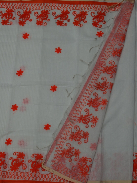 

Pothys Grey & Red Linen Blend Embroidered Saree