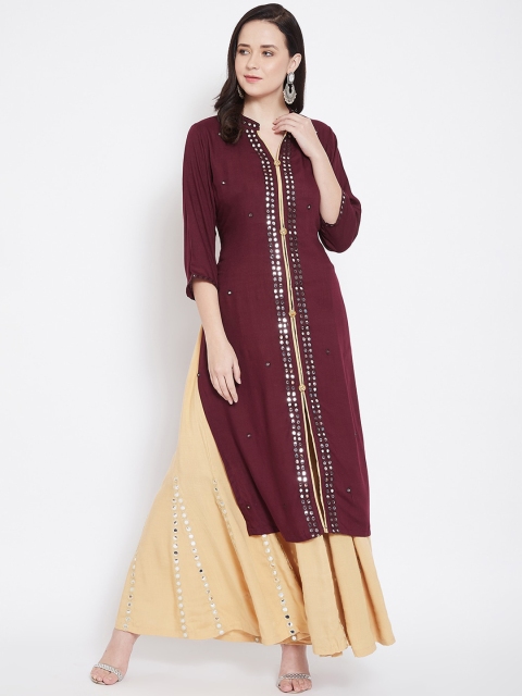 

Castle Women Maroon & Beige Embroidered Kurta with Palazzos & Dupatta