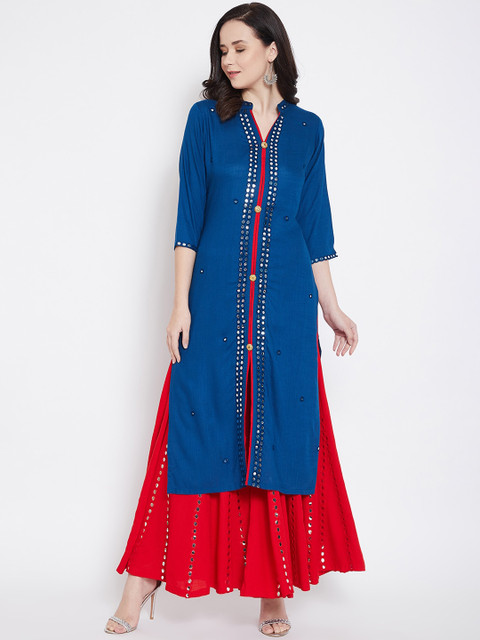 

Castle Women Blue & Red Solid Kurta with Skirt